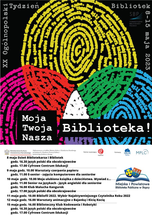 dużo kolorowych tekstów tworzących koła, od połowy na białym tle informacje na temt wydarzeń podczas tygodnia bibliotek