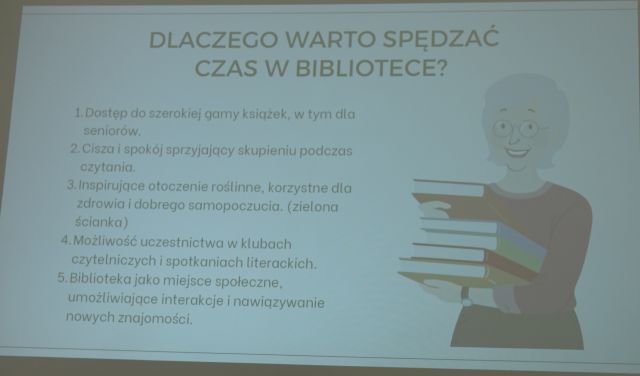 zdjęcie z prezentacji mówiące o korzyściach z chodzenia do biblioteki