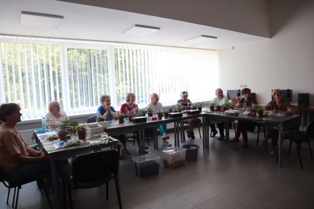 seniorki siedzą przy stołąch ustawionych w podkowę, na stołąch stoją słoje i rośliny