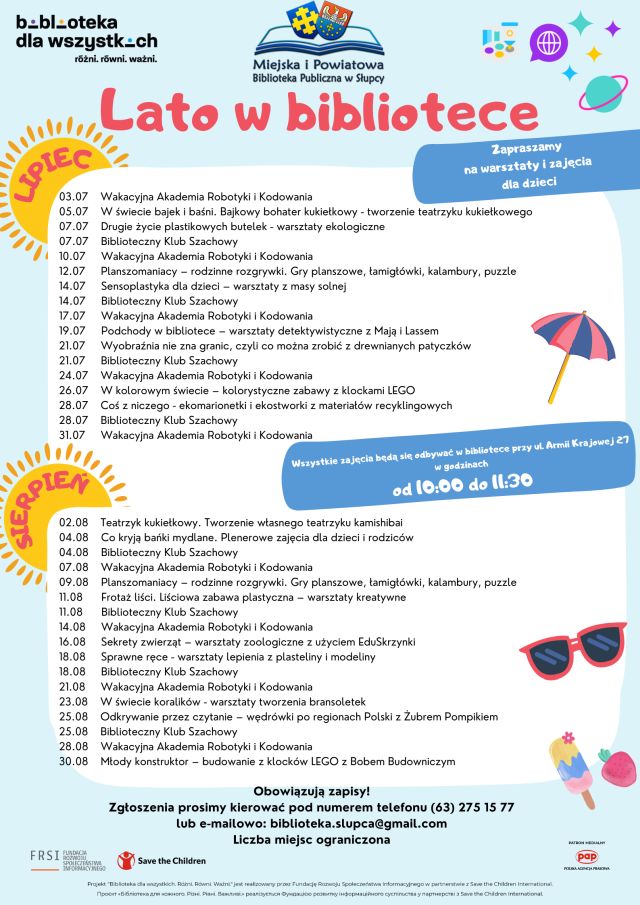 na białym tle zaproszenie na akcję Lato w bibliotece, z prawej strony parasol, z lewej słońce