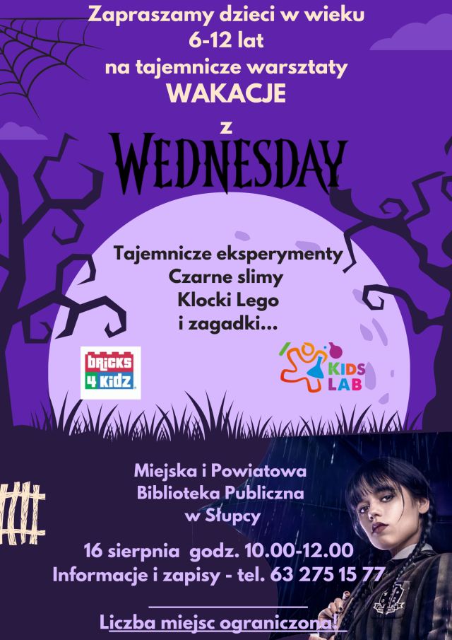 na fioletowym tle zaproszenie na warsztaty, z prawej i lewej strony drzewo, u doły z prawej strony dziewczynka z horrorów