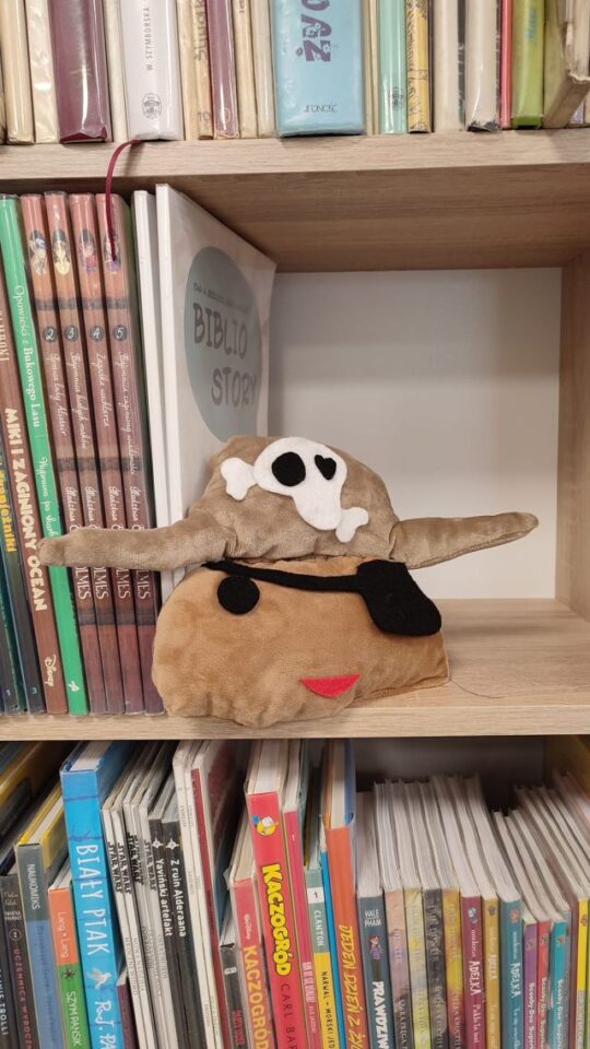 maskotka pirata na półce z książkami