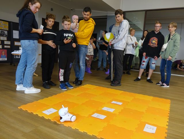 część uczestników gra sterują robotami przy użyciu tabletów, pozostali stoją i patrzą