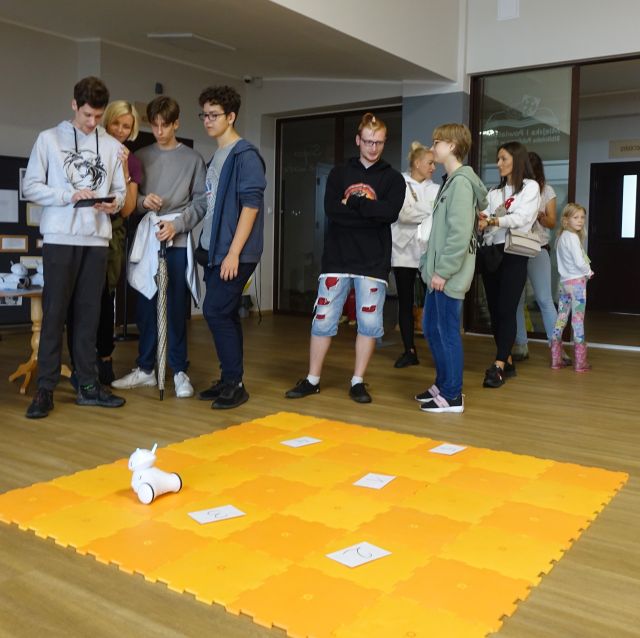 część uczestników gra sterują robotami przy użyciu tabletów, pozostali stoją i patrzą