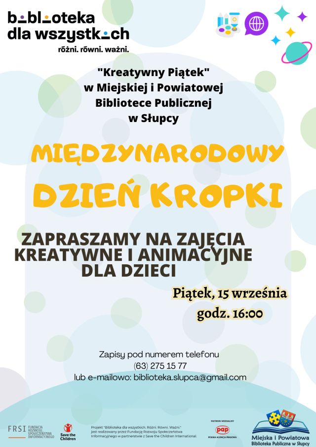 na jasnym tle zaproszenie na warsztaty z okazji międzynarodowego dnia kropki