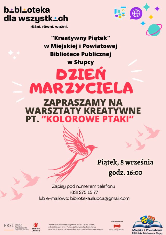 na różowym tle zaproszenie na warsztaty z okazji Dnia Marzyciela