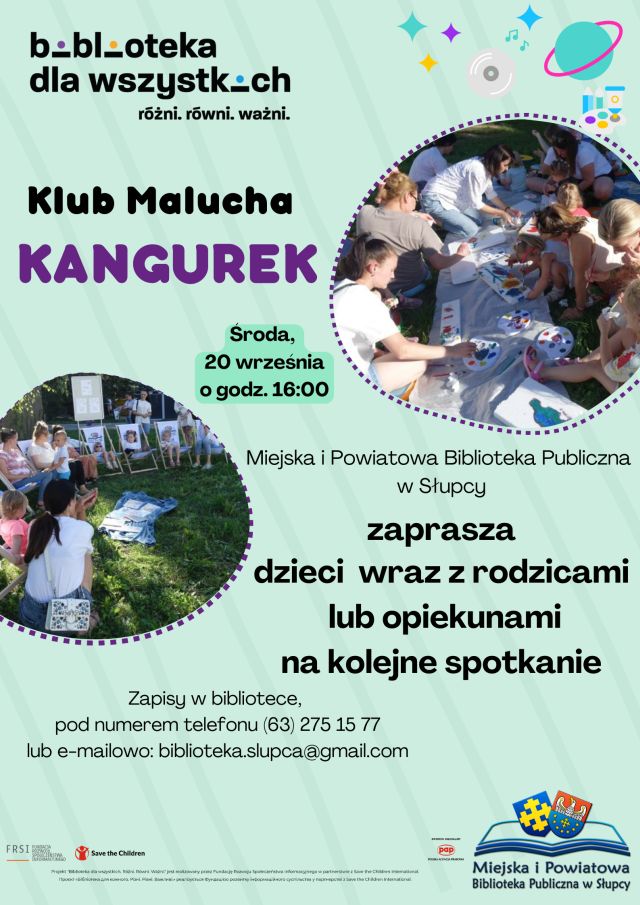 na zielonym tle z prawej i lewej strony zdjęcie dzieci i rodziców biorących udział w warsztatach oraz zaproszenie na spotkanie Klubu Malucha 