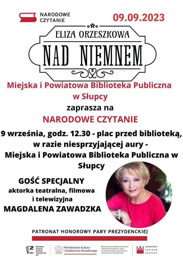 na plakacie informacja w związku z Narodowym Czytaniem, logo biblioteki oraz zdjęcie aktorki Magdaleny Zawadzkiej w czerwonej sukience