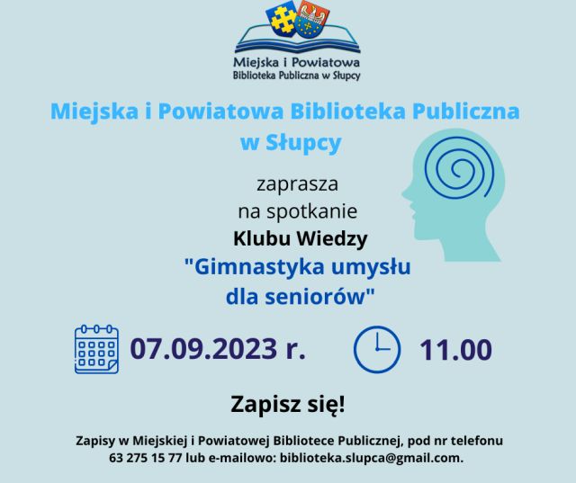 na niebieskim tle zaproszenie na spotkania klubu wiedzy dla seniorów