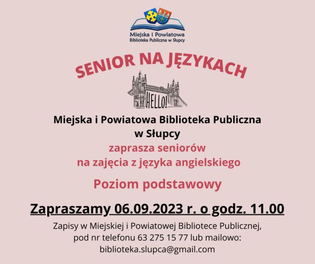 na różowym tle zaproszenie seniorów na zajęcia z języka angielskiego