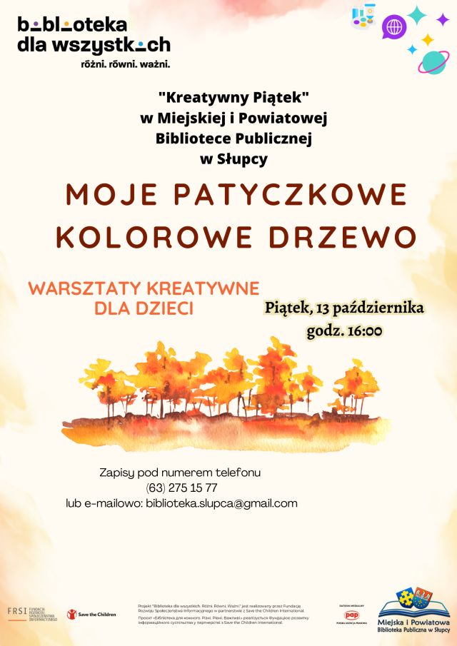 zaproszenie na warsztaty w ramach kreatywnego piątku, u dołu plakatu pomarańczowe drzewa