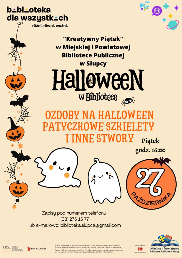 na pomarańczowym tle zaproszenie na warsztaty halloween, z lewej strony duszki i dynie