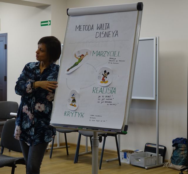 kobieta stoi obok zapisanego flipcharta i mówi do uczestników szkolenia