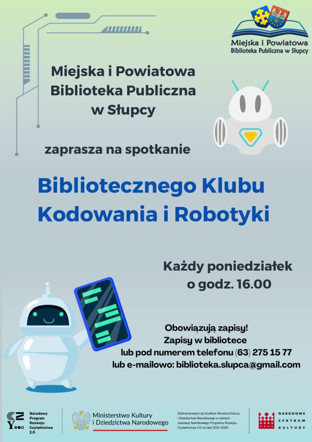 na niebieskim tle zaproszenie na kodowanie i robotykę, rysunki robotów