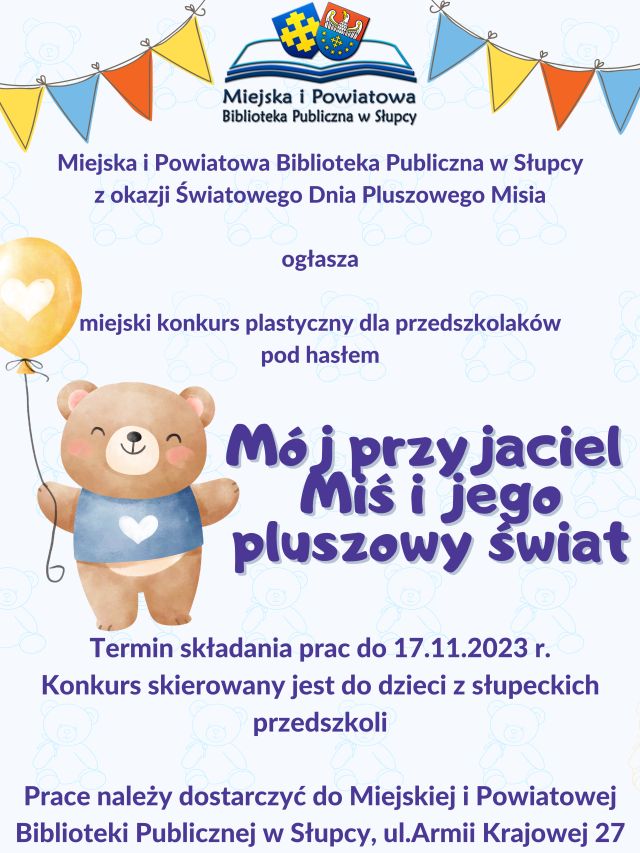 na białym tle zaproszenie do konkursu, z lewej strony miś z balonem