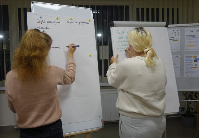 dwie dziewczyny piszą na flipchartach