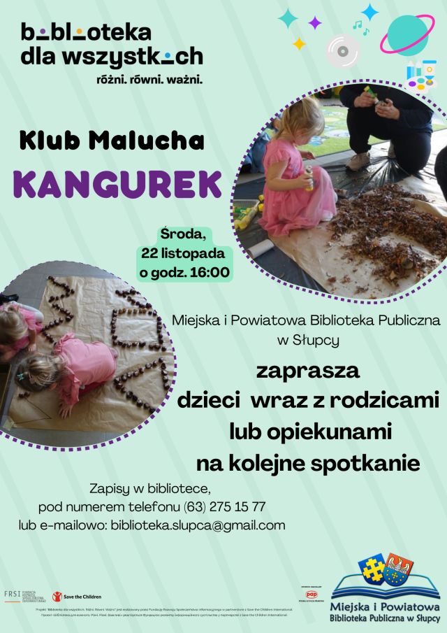 na zielonym tle z prawej i lewej strony w kółkach zdjęcia bawiących się dzieci