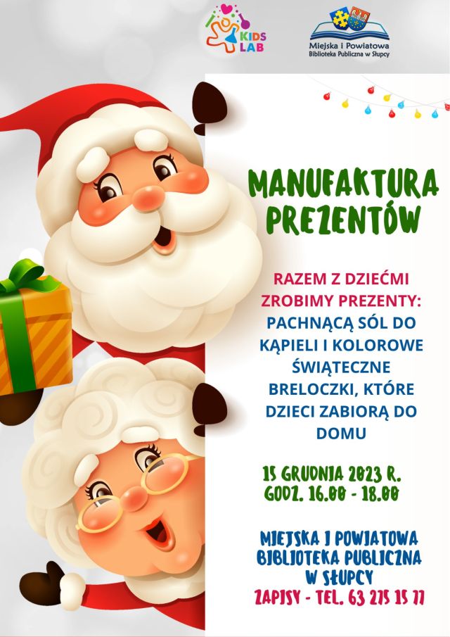 plakat z zaproszeniem na warsztaty, z lewej strony mikołaj i mikołajowa