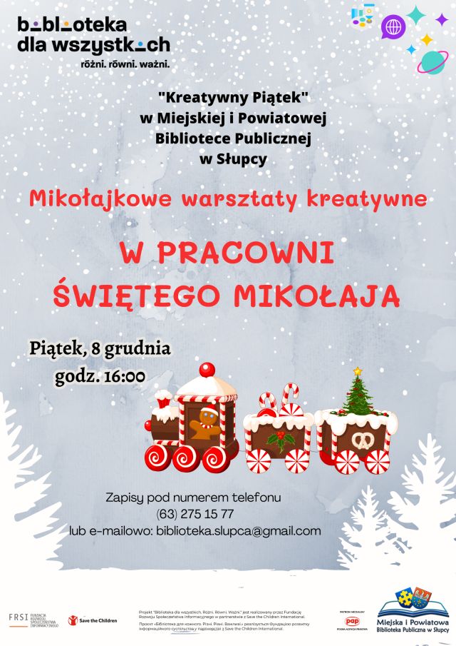 na siwym tle zaproszenie na warsztaty, u dołu plakatu pociąg z pierników w czapkach mikołaja