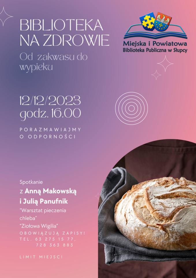 na fioletowym tle zaproszenie na spotkanie z cyklu biblioteka na zdrowie, w prawym dolnym rogu chleb w koszyku