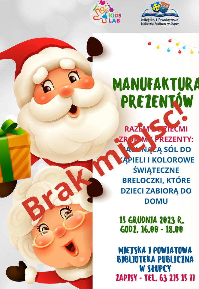 na białym tle z prawej strony zaproszenie na warsztaty, z lewej dwa Mikołaje. Przez środek czerwony napis Brak miejsc