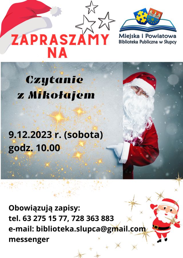 na błękitnym tle mikołąj i zaproszenie na spotkanie z nim