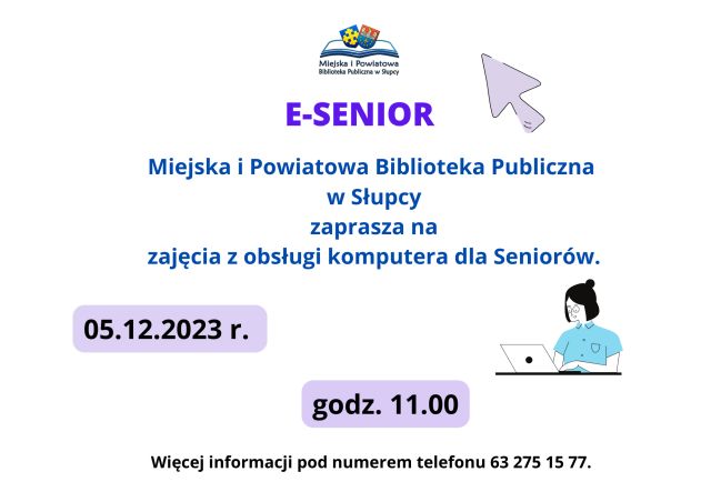 na białym tle zaproszenie na zajęcia z obsługi komputera dla seniorów
