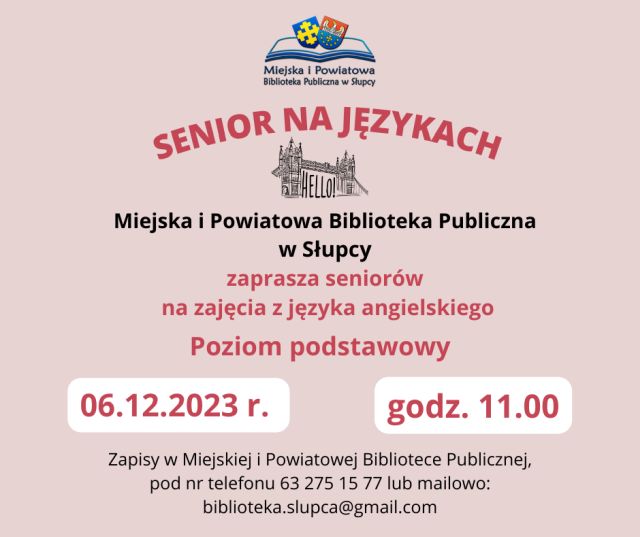 na różowym tle zaproszenie na język angielski dla seniorów