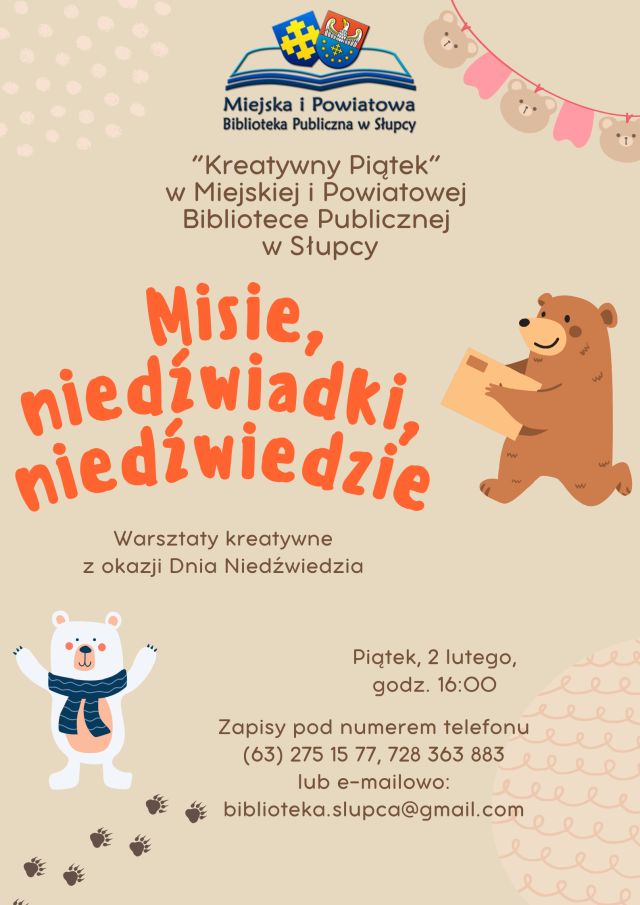 na pomarańczowym tle zaproszenie na warstzaty, z prawej strony niedźwiedź