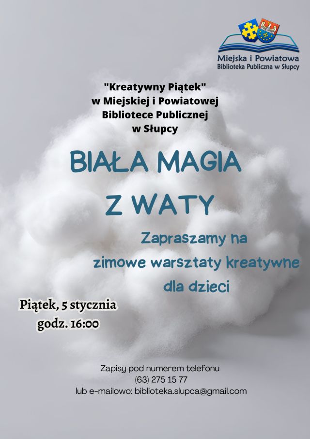 na siwym tle zaproszenie na warsztaty na tle kłębka waty