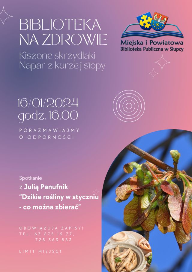 na fioletowym tle zaproszenie na spotkanie, w prawym górnym rogu logo biblioteki, w prawym dolnym rogu zdjęcie skrzydlakó i kurzych stóp