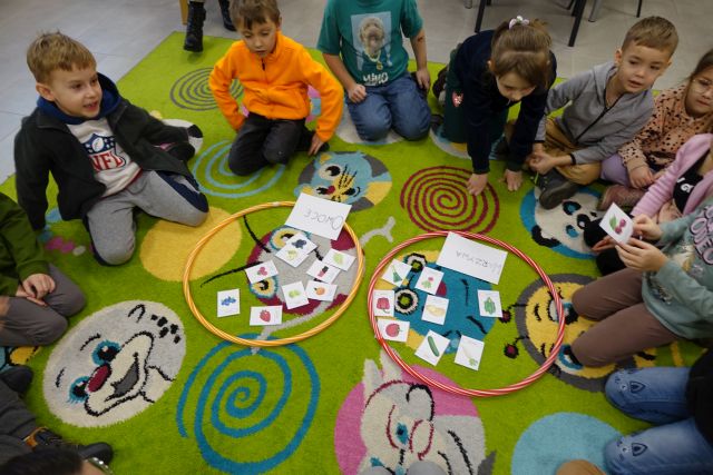 dzieci siedzą na kolorowym dywanie, pomiędzy nimi dwa okręgi a w nich podzielone karteczki z warzywami i owocami