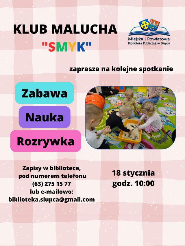 na różowym tle zaproszenie na spotkanie, zdjęcie bawiących się dzieci