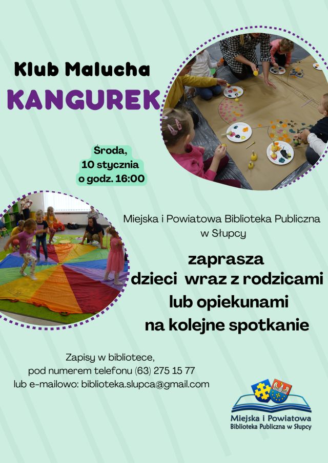 na zielonym tle zaproszenie na spotkanie, z prawej i lewej strony w okienkach zdjęcia dzieci bawiących się podczas zajęć (malują, tańczą na kolorowej chuście)