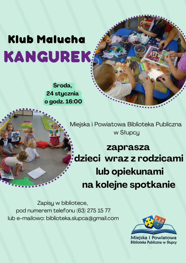 na niebieskim tle zaproszenie na spotkanie klubu malucha, z prawej i lewej strony plakatu zdjęcia bawiązych się dzieci