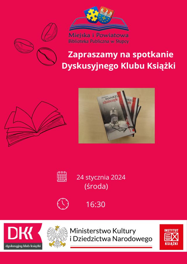 na różowym tle zaproszenie na spotkanie dyskusyjnego klubu książki