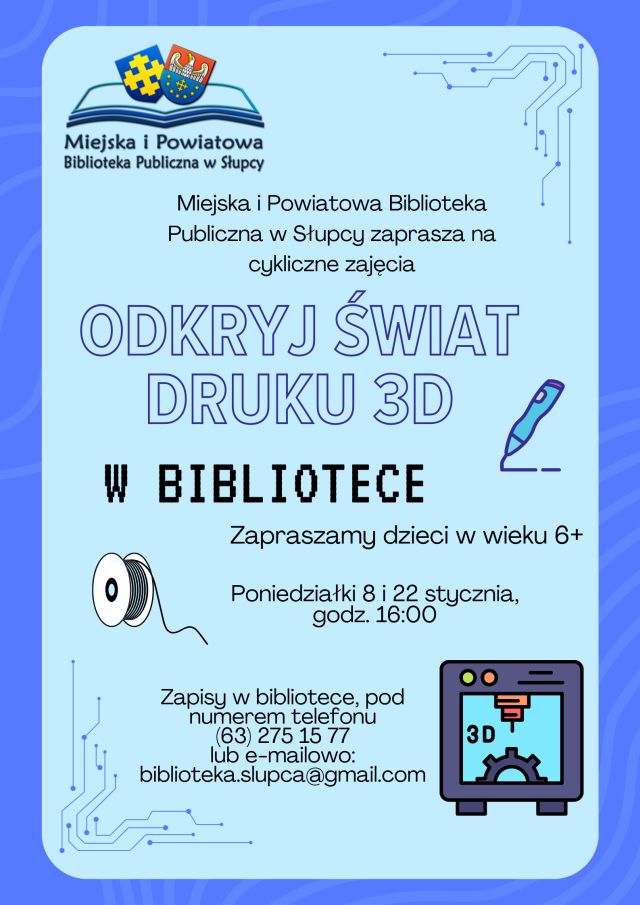 na niebieskim tle zaproszenie na warsztaty, z prawej strony drukarka 3d