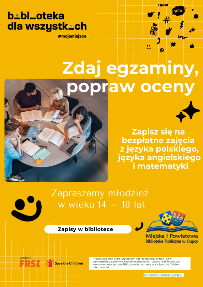na żółtym tle zaproszenie dla młodzieży na darmowe korepetycje, z lewej strony zdjęcie młodzieży uczącej się