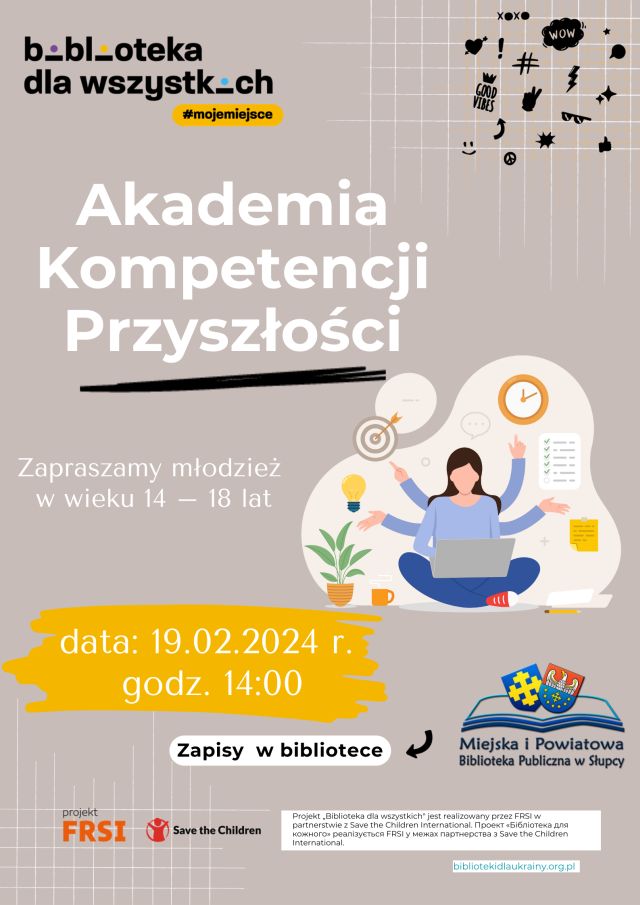 na brązowym tle zaproszenie dla młodzieży na Akademię Przyszłości, z prawej strony siedząca kobieta przed laptopem