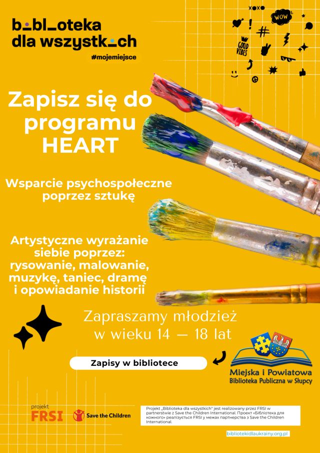 na żółtym tle zaproszenie dla młodzieży do programu Heart, z prawej strony pędzle
