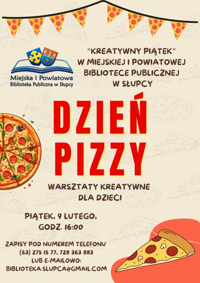 na różowym tle zaproszenie na warsztaty i zdjęcie pizzy