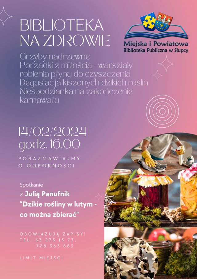 na fioletowym tle zaproszenie na spotkanie, w prawym dolnym rogu zdjęcie kiszonek, grzybów, u góry logo biblioteki