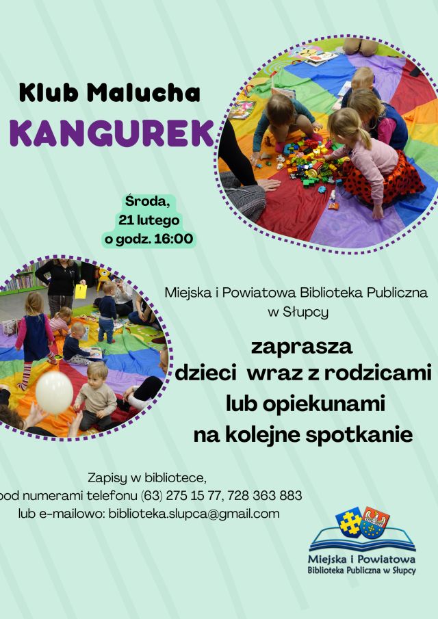 na seledynowym tle zaproszenie na spotkanie klubu malucha oraz zdjęcia maluchów bawiących się na kolorowej chuście