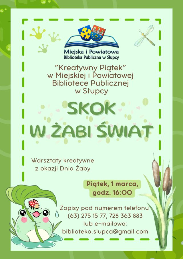na zielonym tle zaproszenie na warsztaty, w lewym dolnym rogu żaba na listku, u góry logo biblioteki