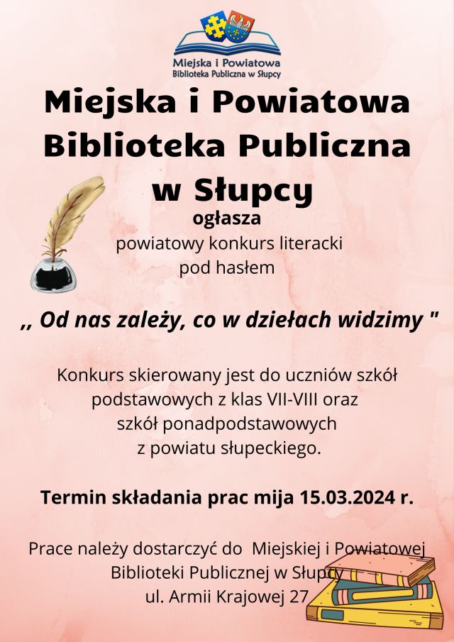na różowym tle zaproszenie do udziału w konkursie, z prawej strony książki, z lewej pióro
