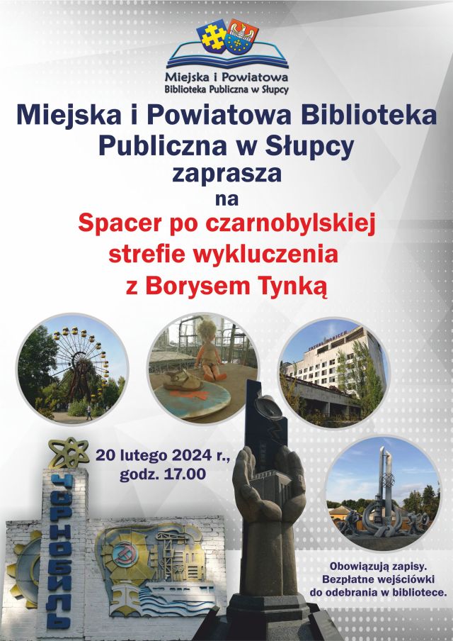 na jasnym tle zaproszenie na spotkanie oraz zdjęcia Czarnobyla