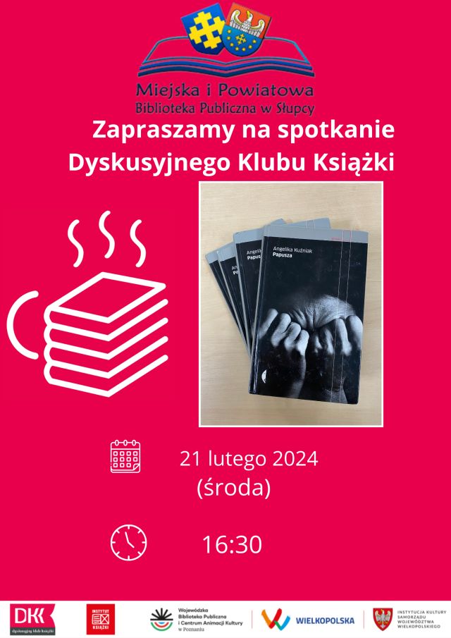 na różowym tle zaproszenie na spotkanie DKK, z prawej strony zdjęcie książki Papusza