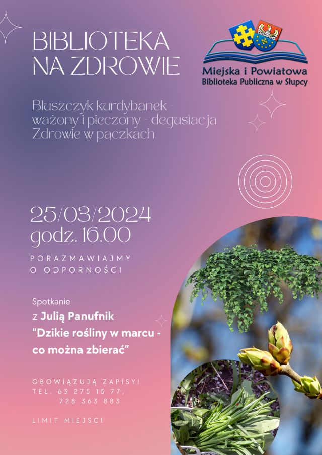 na fioletowym tle zaproszenie na spotkanie, u góry logo biblioteki, w prawym dolnym rogu zdjęcia roślin