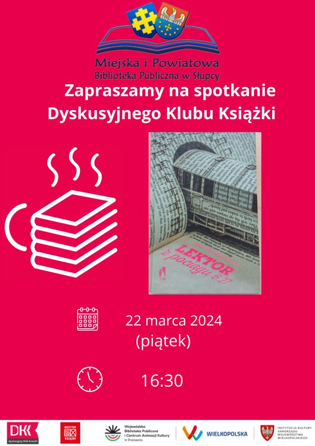 na różowym tle zaproszenie na spotkanie dyskusyjnego klubu książki, z lewej strony rysunek filiżanki, z prawej okładka książki