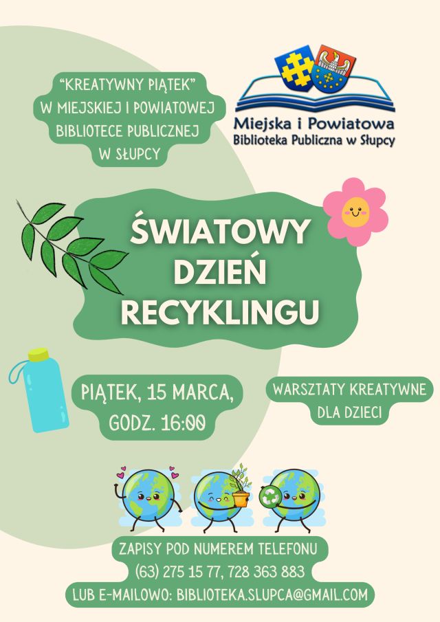 na zielonym tle zaproszenie na warsztaty w ramach Kreatywnego Piątku, u góry logo biblioteki